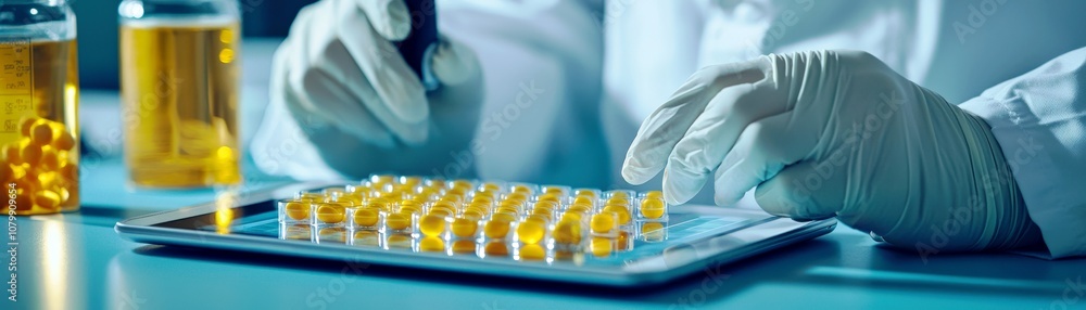 Poster laboratory technician using modern technology to analyze samples and conduct experiments with test t