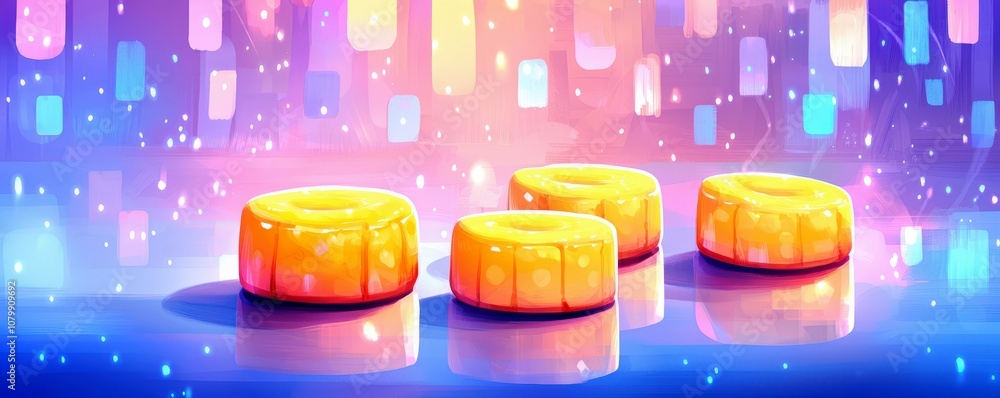 Poster vibrant abstract composition featuring bright circular shapes on a colorful background with soft glo