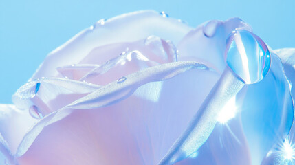 Close up rose beautiful glossy petals with dewdrop dreamy fashion pink white blue romantic background. floral bloom blossom flora wild plants refreshing cosmetic spa salon wallpaper