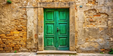 Old green wooden door of a traditional Italian stone building , Italy, vintage, architecture, entrance, weathered, rustic