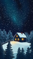 Naklejka premium Tiny house on a snowy hill with a colorful aurora borealis illuminating the night sky above the serene landscape