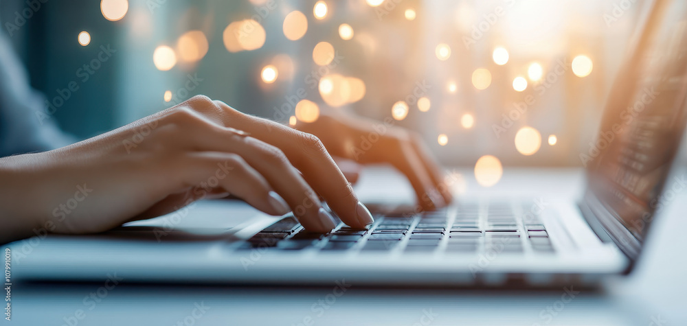 Aufkleber hands typing on laptop keyboard with blurred background of lights, creating warm and focused atmosph