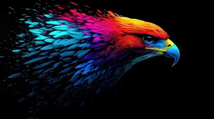 Colorful Stylized Eagle in Flight with Vibrant Rainbow Feathers and Bold Expression on Black Background for Artistic and Creative Concepts