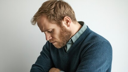 Man with tense neck, leaning forward with discomfort, representing office syndrome on a white background