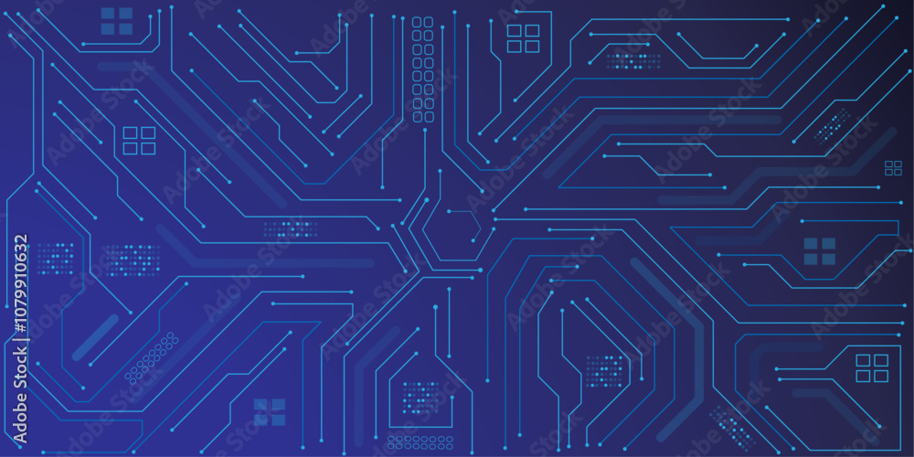 Fototapete Vector illustration fantastic digital technology. Technology lines circuit and dots on blue background, circuit board network connection.