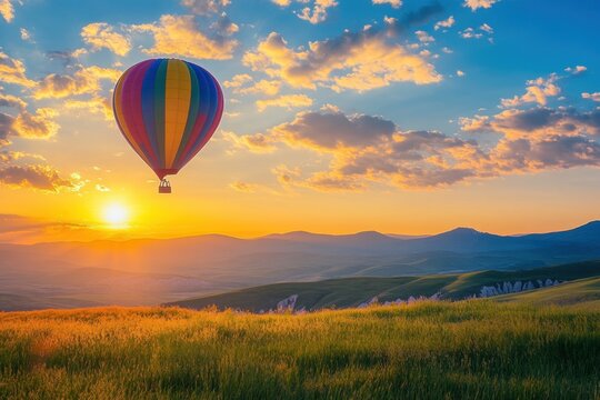 Colorful hot air balloon flying over a field at sunset with mountains in the background.