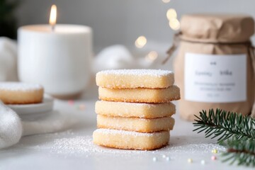 Stack of christmas shortbread cookies sprinkled with icing sugar