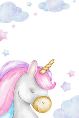 Unicorn, clouds, stars. Cute baby fairy tale horse. Isolated hand drawn watercolor frame. Template for kid's goods, invitations, postcards, poster, baby shower and children's room © Fedulova_art
