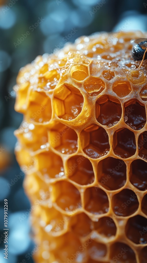 Poster close-up of a honeycomb structure filled with honey.
