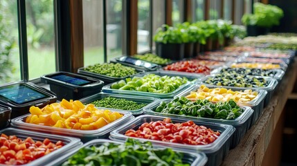 Obraz premium Fresh and Vibrant Selection of Colorful Fruits and Vegetables Displayed in Clear Containers on a Wooden Table in a Light-Filled Kitchen Setting