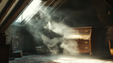 A soft dust cloud rising from an old piece of furniture as items moved in a dusty attic