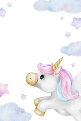 Unicorn, clouds, stars. Blank of Cute baby fairy tale horse. Isolated hand drawn watercolor frame. Template for kid's goods, invitations cards, stationery poster, baby shower and children's room