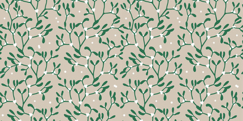Seamless Pattern of Christmas Mistletoe with White berries and Natural Background, Good for Fabric and Paper Print-Christmas Vector Illustration