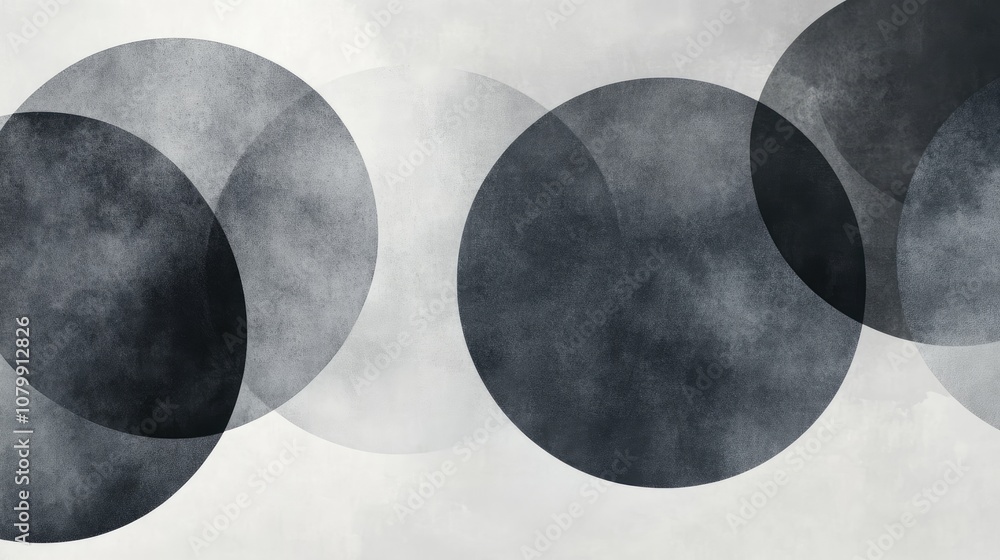 Poster minimalist abstract circles in shades of grey, layered with a transparent effect on a light backgrou