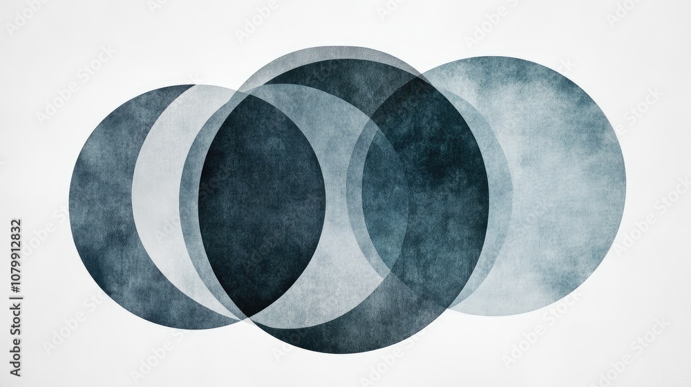 Poster minimalist abstract circles in shades of grey, layered with a transparent effect on a light backgrou