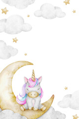 Unicorn, clouds, crescent moon, stars. Layout of Cute baby fairy tale horse. Isolated hand drawn watercolor frame. Template for kid's goods, cards, stationery poster, baby shower and children's room