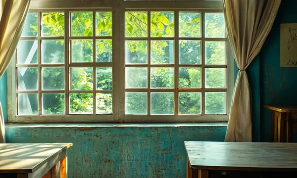 A sunlit classroom with wooden desks and a large window showcasing greenery outside.