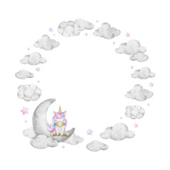 Unicorn, clouds, crescent moon, stars. Round wreath of Cute baby fairy tale horse. Isolated hand drawn watercolor frame. Copy space for cards, stationery poster, baby shower and children's room