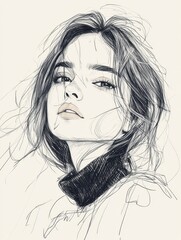 Fototapeta premium Pencil sketch of a young woman with loose hair and a confident expression.