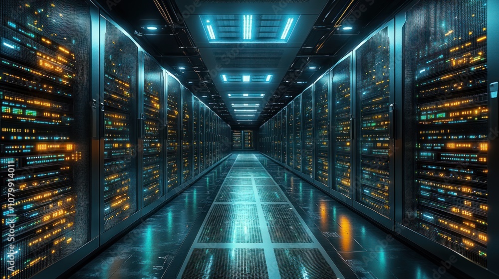 Poster a futuristic server room with illuminated data storage units.