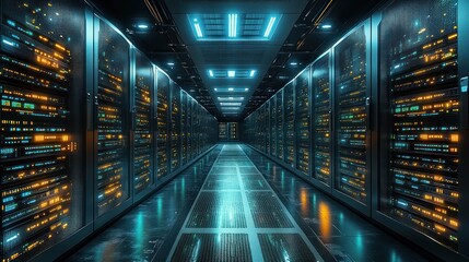 Fototapeta premium A futuristic server room with illuminated data storage units.