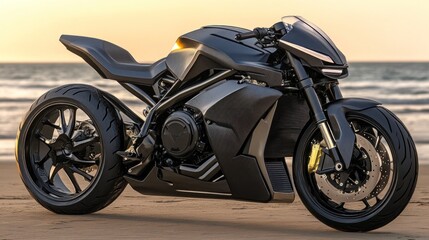 Obraz premium Sleek motorcycle parked on a beach at sunset.