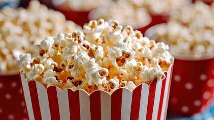 Freshly popped popcorn served in striped containers at a casual movie night gathering with friends in the evening