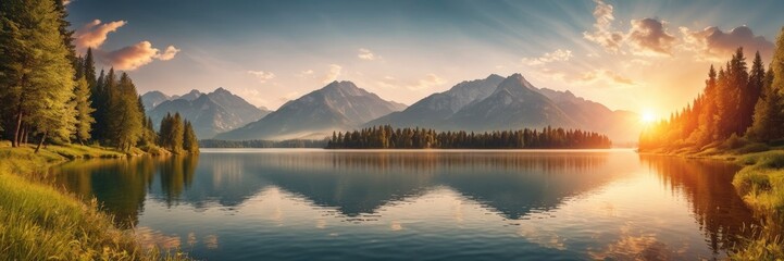 Fototapeta premium Impressive summer sunrise on lake with mountain range