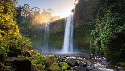 Fototapeta premium Towering Waterfall Crashing Into a Deep Basin Below, Surrounded by Lush Greenery and Mist Rising From the Water, Creating a Cool, Refreshing Scene in the Heart of the Rainforest