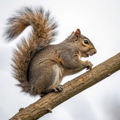 Fototapeta premium The squirrel sits on a branch with a nut in its paws.