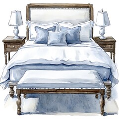 Watercolor Illustration of a Luxurious Bedroom with a Bed, Ottoman, and Nightstands.