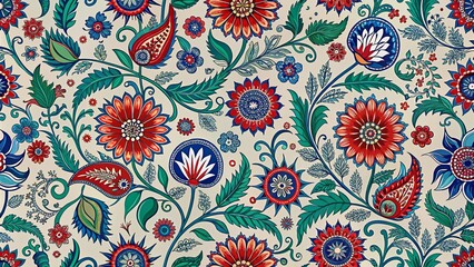 Vibrant Floral Pattern with Detailed Red and Blue Flowers and Lush Green Foliage on a Creamy Background