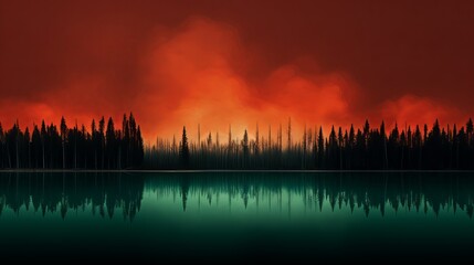 Silhouetted trees stand tall against a fiery red sky reflected in a still lake.