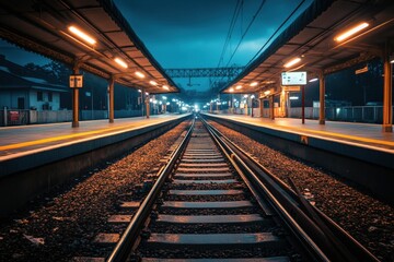 Naklejka premium Empty train tracks at night, leading to a distant light.