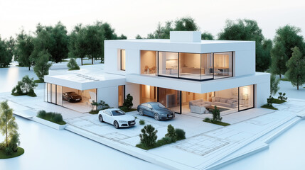 Modern two-story house with large glass windows, multiple luxury cars parked in the driveway, surrounded by lush green trees and a minimalistic landscape design.