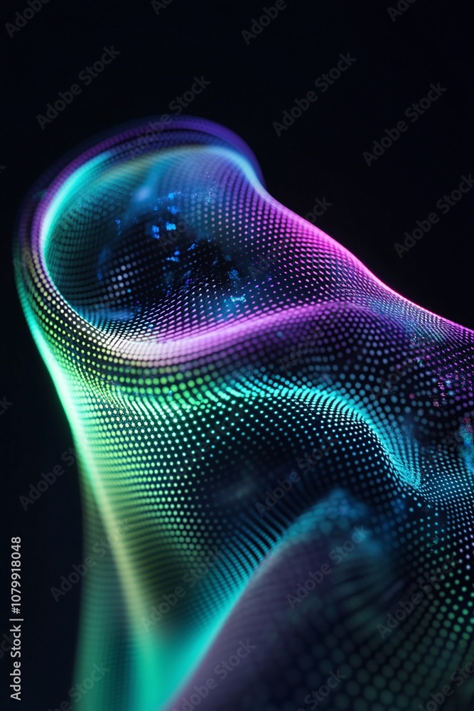 Poster a beautiful wave of colorful light patterns on a dark background illustrating motion and depth in di