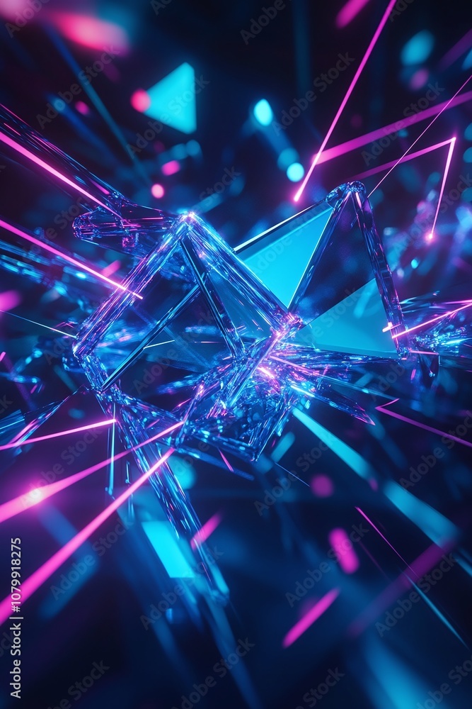 Poster Abstract 3D Geometric Shapes with Neon Lights in a Dark Background Creating a Futuristic and Dynamic Visual Experience of Light Reflections and Angles