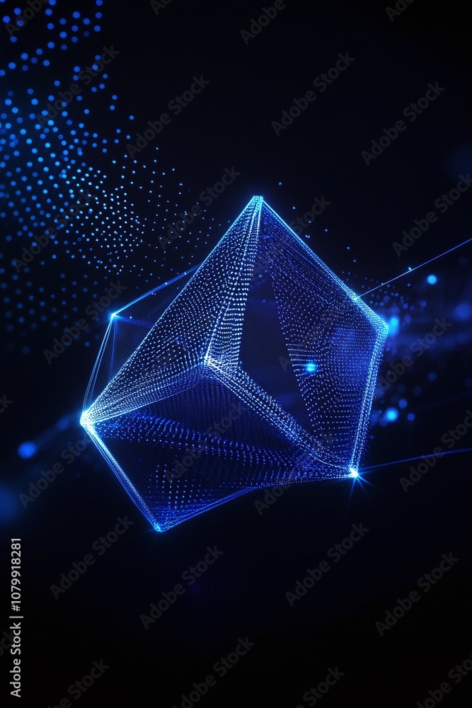 Poster abstract 3d geometric shape in blue light, digital technology concept with particle effects, high-te