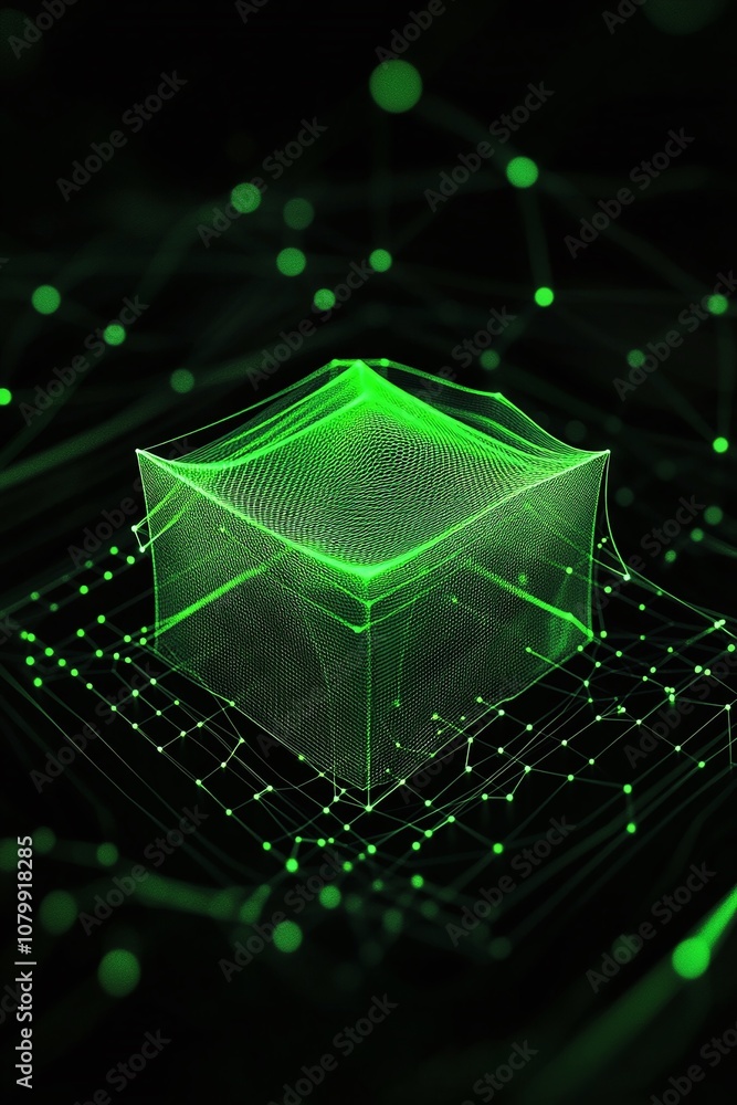 Poster abstract 3d green wireframe cube surrounded by neural network inspired background with digital parti