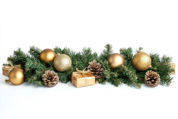 Christmas garland with gold ornaments and pine cones, beautifully decorating a staircase railing.