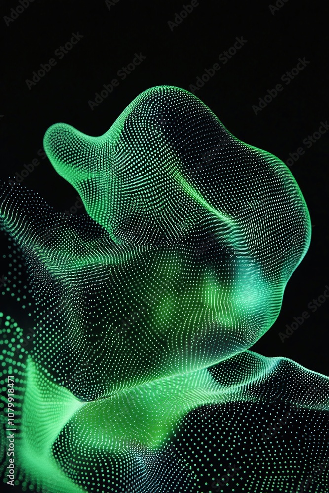 Poster abstract 3d render of flowing green digital waves with dots on dark background, representing technol
