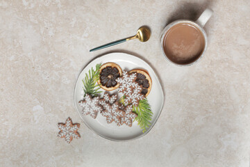 Christmas gingerbread cookies and chocolate milk mug with candy cane stick, concept of winter holidays desserts and decoration	