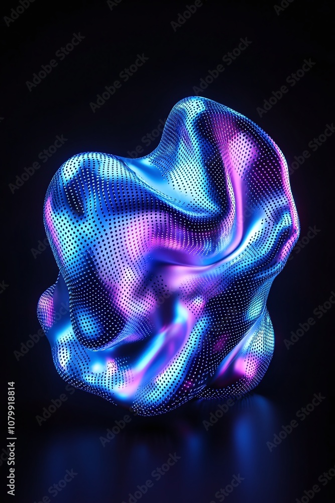 Poster abstract 3d shape with vibrant neon colors in blue and pink displaying dynamic curves and textured s