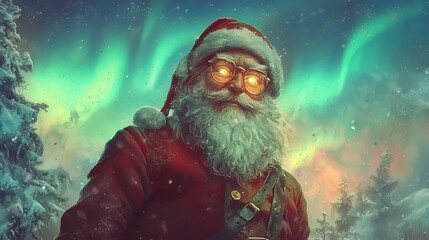 Santa Claus with Glowing Eyes and Gentle Smile in Wintry Landscape with Aurora Borealis