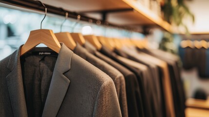 Close up luxurious suits hanging on row bar in clothing shop