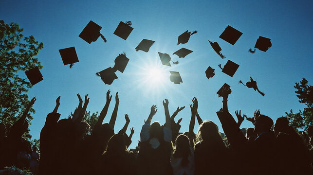 Graduation Celebration, Diverse Students Tossing Caps in Joy
