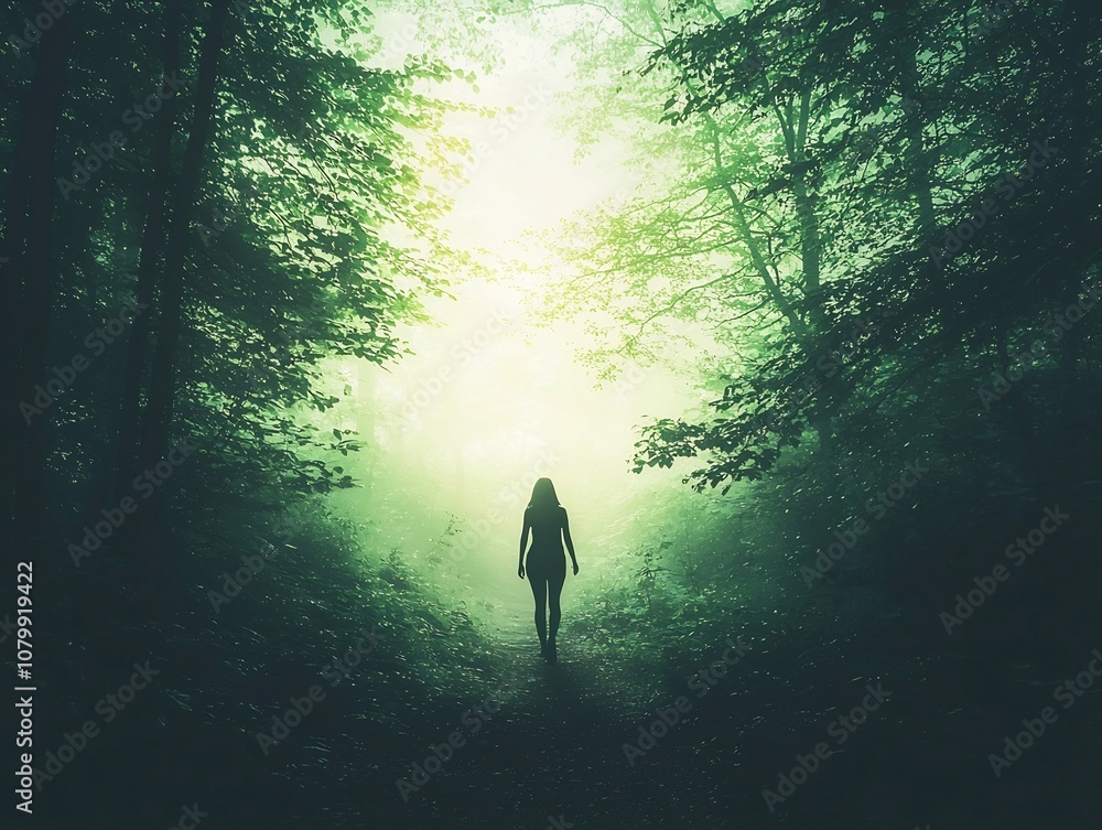 Poster silhouetted figure navigating the verdant forest path enveloped in light and solitude