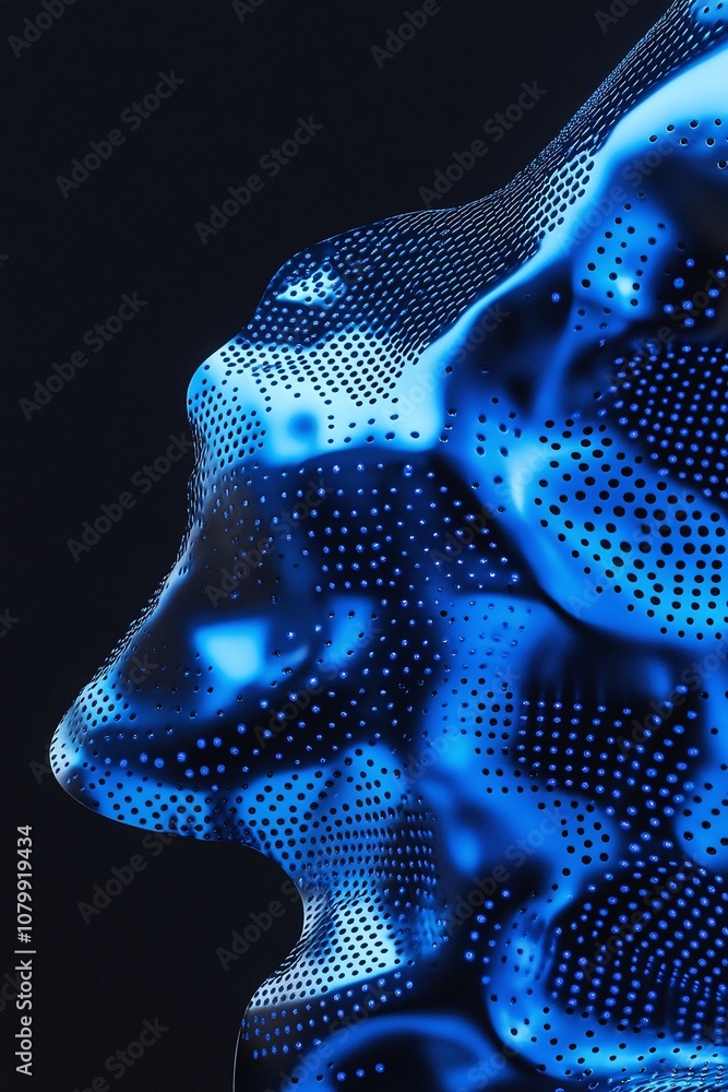 Poster abstract artistic portrait with blue dots and patterns against dark background, creating a unique vi