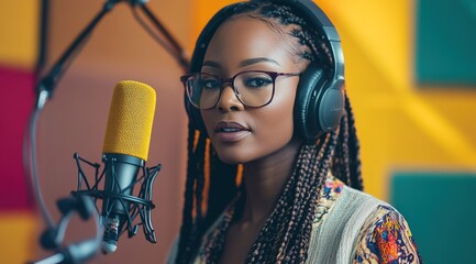 A Black woman with glasses and long braids is wearing headphones while speaking into the microphone.