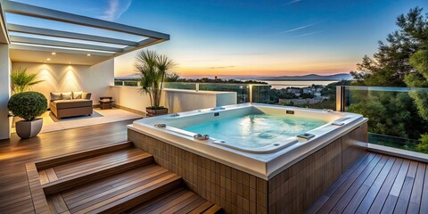 Rooftop jacuzzi bath with hydromassage in luxury villa, villa, roof, jacuzzi, bath, hydromassage, relaxation, modern
